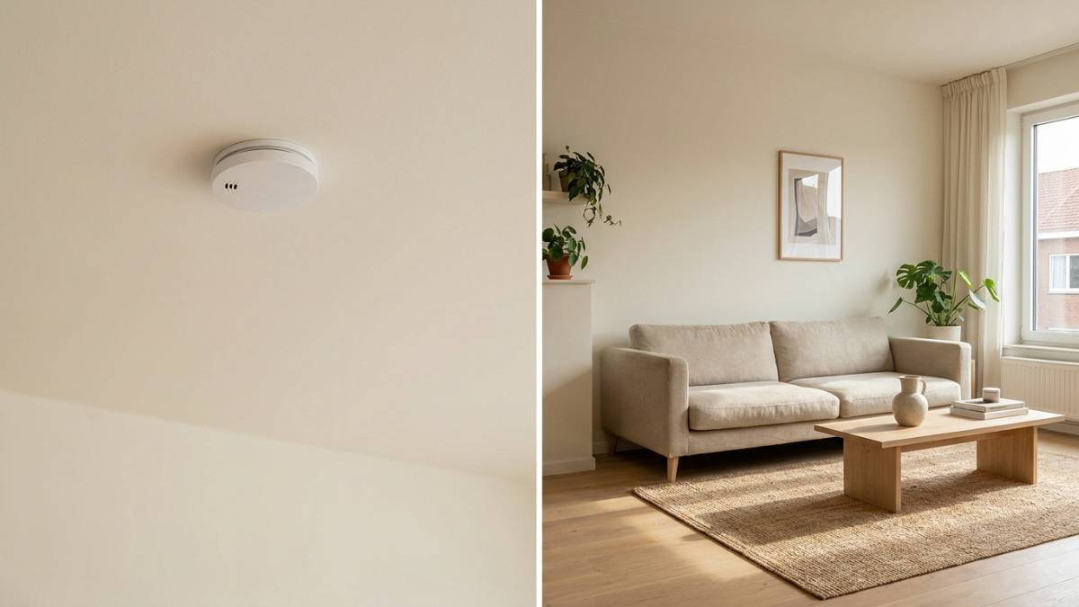 Double image montrant d'un côté un détecteur d'incendie sur un plafond et de l'autre un salon lumineux.