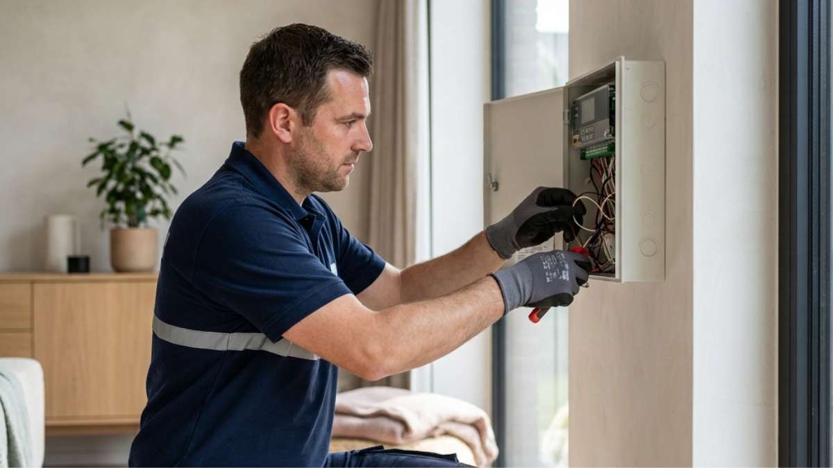 Un installateur intervient sur le boîtier d'un système d'alarme dans une maison. 