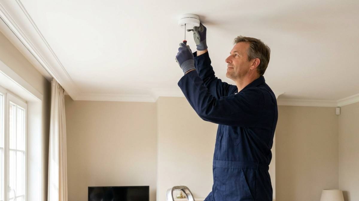 Un homme installe un détecteur incendie au plafond d'un salon de maison. 