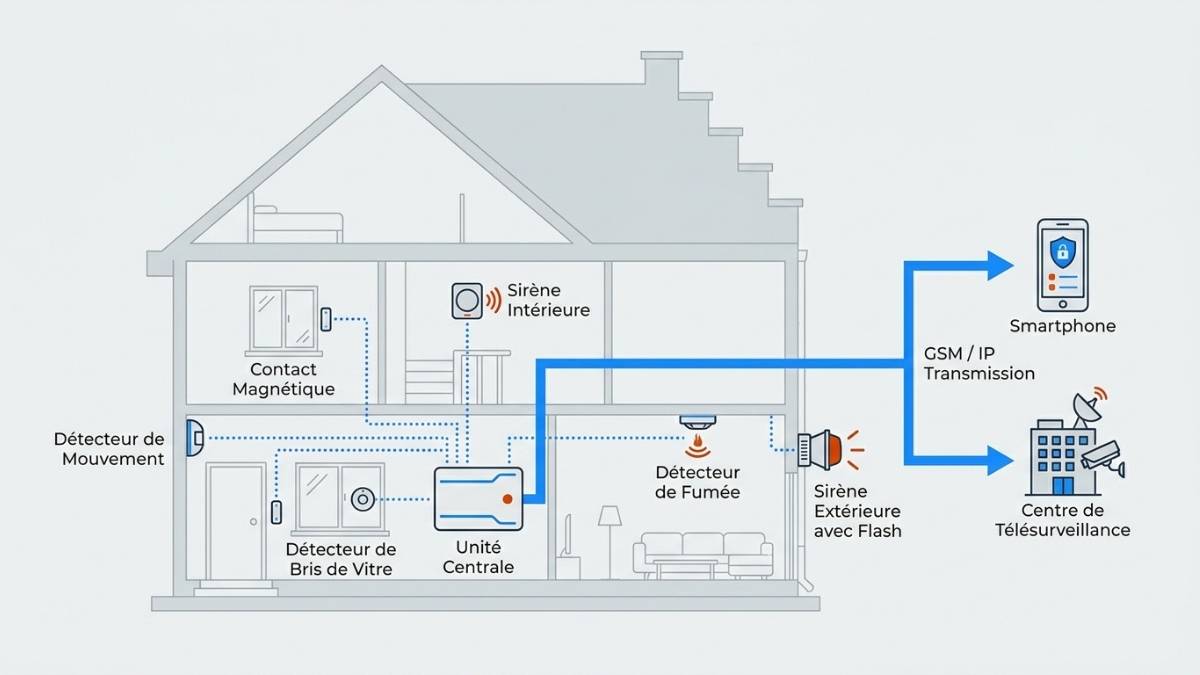 Schéma d'une maison en coupe montrant tous les éléments composant un système d'alarme complet.