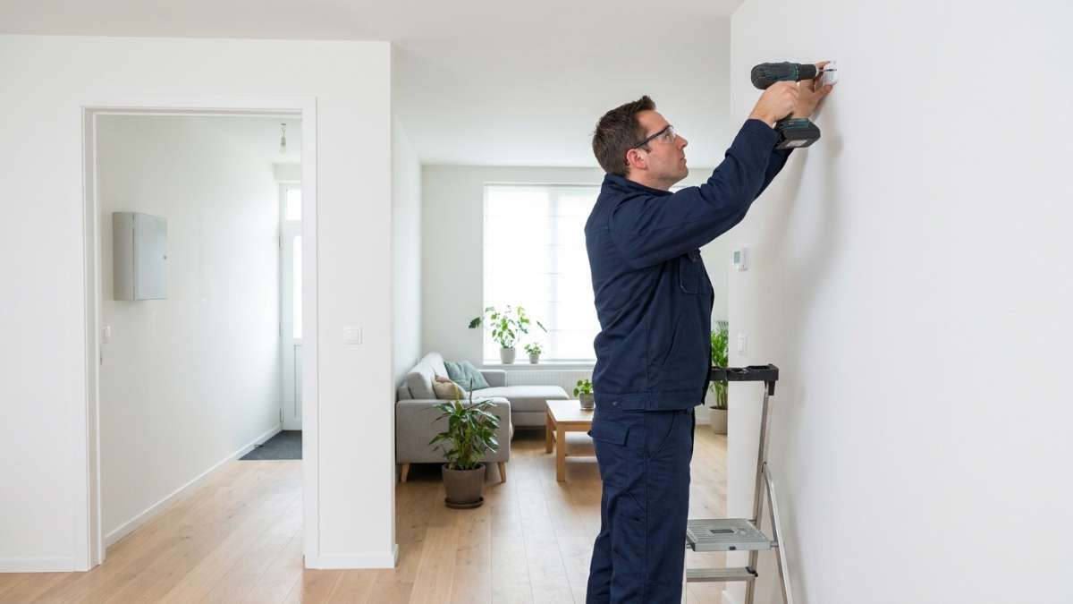 Un installateur fixe un capteur sur un mur dans une maison. 