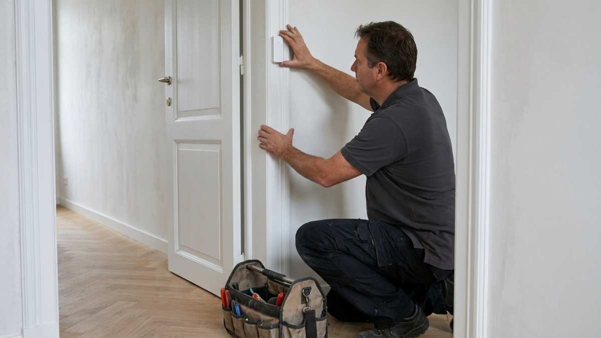 Un installateur professionnel fixe un détecteur sur un encadrement de porte dans une maison.