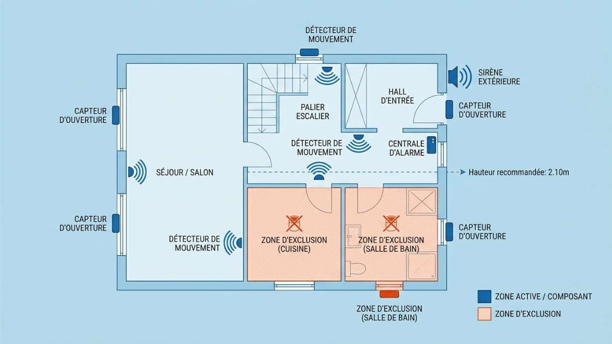 Schéma d'installation des divers éléments d'un système d'alarme dans une maison.