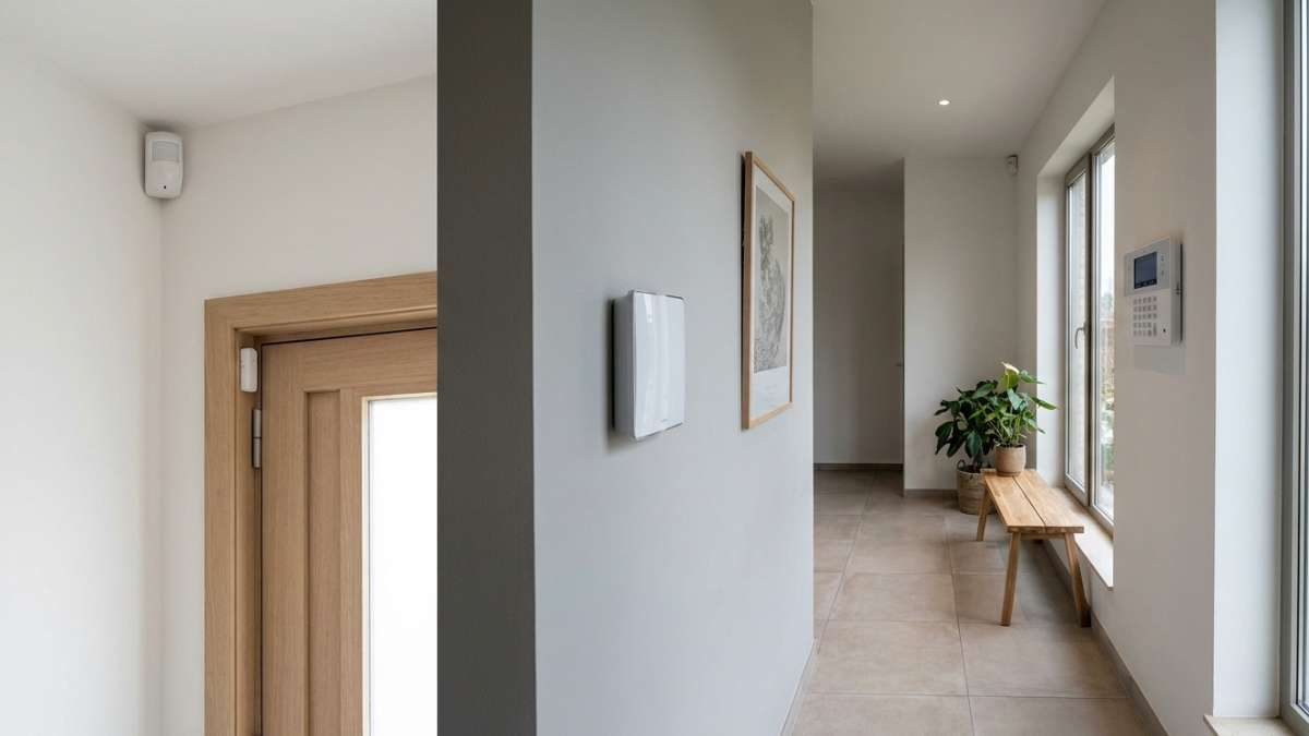Différents éléments d'un système d'alarme installés dans une maison.