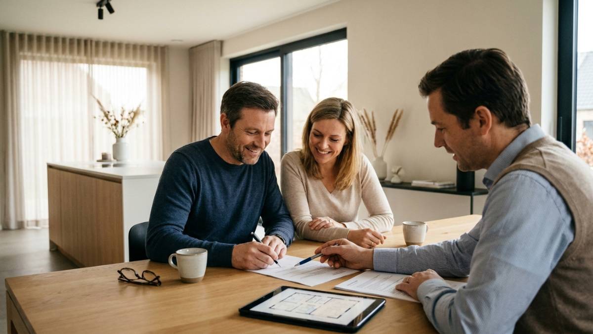 Un couple signe le devis d'un installateur agréé. 