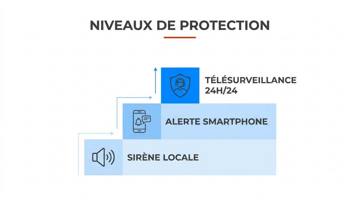 Une infographie en escalier montrant les différents niveaux de protection d'un système d'alarme.